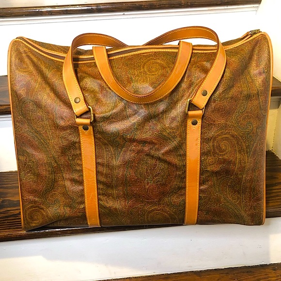 METRO MILANO Paisley Coated Canvas Vachetta Leather Boston Weekend Shoulder Bag - Picture 1 of 17